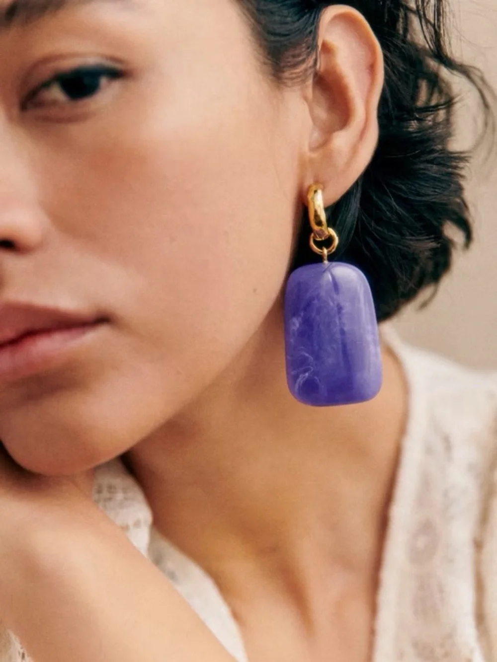 Sezane Purple Joao Earrings Statement Gold Hoop Drop Dangle Chunky Oversized